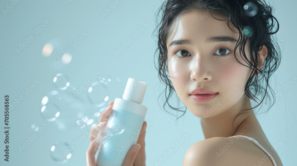 Elegant shampoo advertisement, featuring a beautiful japanese woman in a bathing suit with healthy, shining hair, holding a minimalist-designed shampoo bottle, against a plain White Studio background Elegant shampoo advertisement, featuring a beautiful japanese woman in a bathing suit with healthy, shining hair, holding a minimalist-designed shampoo bottle, against a plain White Studio background