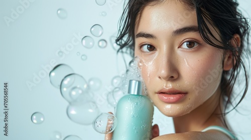 Elegant shampoo advertisement, featuring a beautiful japanese woman in a bathing suit with healthy, shining hair, holding a minimalist-designed shampoo bottle, against a plain White Studio background