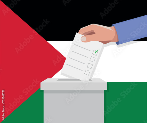 Palestine election concept. Hand puts vote bulletin