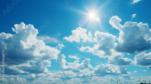 The weather is sunny with the sun shining, the sky is full of clouds