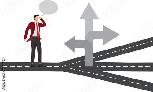 Businessman doesn't know whether to go right or left under the street sign,