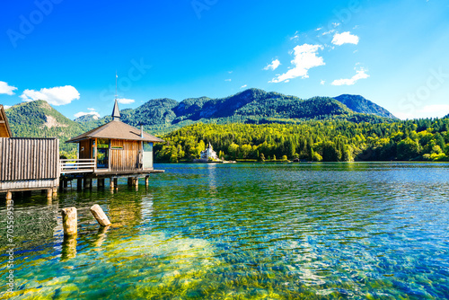 View of the Grundlsee and the surrounding landscape. Idyllic nature by the lake in Styria in Austria. Mountain lake at the Totes Gebirge in the Salzkammergut. 