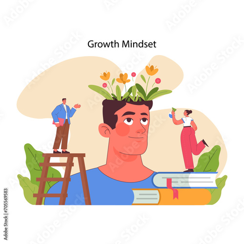 Growth mindset concept. Man and woman watching as flowers grow on persons head. Cultivating knowledge as nurturing minds garden. Lifelong learning and self-improvement. Flat vector illustration