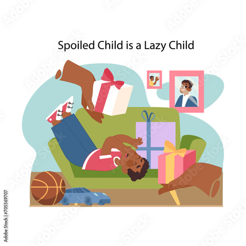 Consequences of overindulgence concept. Bored yawning boy surrounded by gifts, showing pitfalls of excessive pampering. Encouraging balanced nurturing. Flat vector illustration.