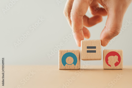 hand placing wooden cubes with equality icon between male and female sign. Equality of gender, employment opportunity concept.  employee rights. International human rights day photo