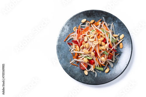 Green Papaya Salad, som tam thai isolated on white background. Top view. Copy space