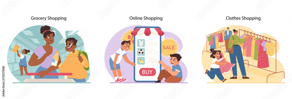 Shopping journey set. Family grocery trips, childs joy in online sales, browsing clothes. Interactive buying experiences, digital convenience, wardrobe selections. Flat vector illustration Shopping journey set. Family grocery trips, childs joy in online sales, browsing clothes. Interactive buying experiences, digital convenience, wardrobe selections. Flat vector illustration