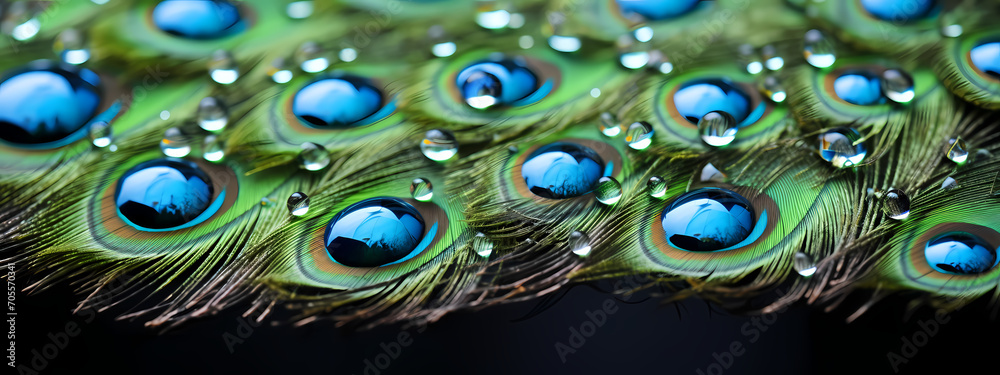 Obraz premium Nature's Iridescence: Peacock Feathers in the Rain