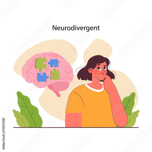 Neurodiversity. Cognitive development spectrum. Mental health awareness. Sociability, learning ability, attention span, mood and mental disorders. Flat vector illustration