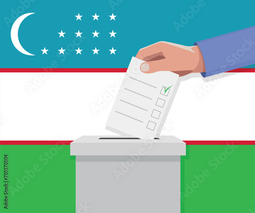 Uzbekistan election concept. Hand puts vote bulletin