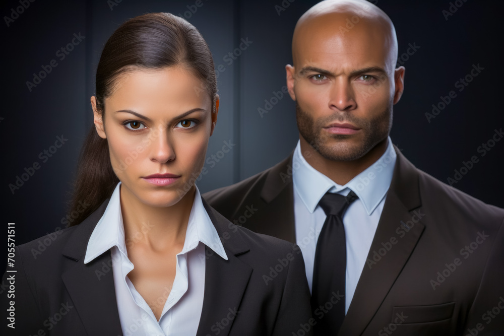 portrait of mixed races business people together on dark background. businessman and businesswoman portrait of mixed races business people together on dark background. businessman and businesswoman