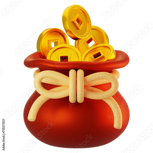 3d rendering gold coin bag icon. Chinese new year icon concept