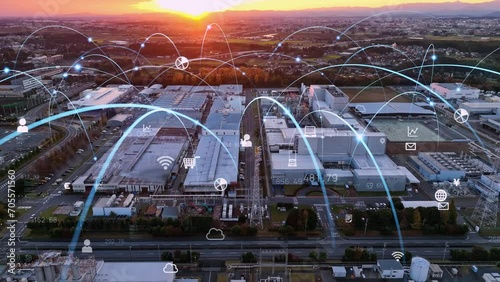 Modern industrial area aerial view and communication network concept. Factory automation.