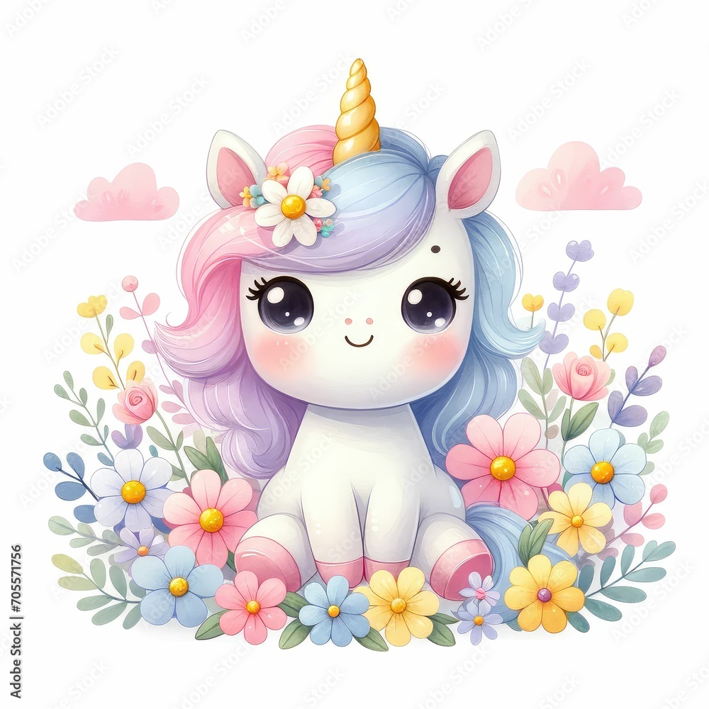 Cute Unicorn Watercolor illustration pastel and candy colors for girls princess poster. Set of magical cartoon unicorns isolated on white background