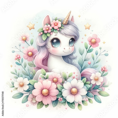 Cute Unicorn Watercolor illustration pastel and candy colors for girls princess poster. Set of magical cartoon unicorns isolated on white background