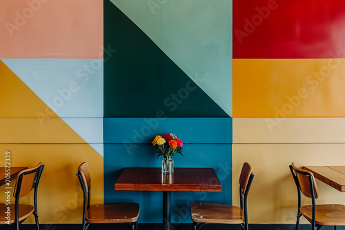 Dinning table in colorful Mid century interior room design for cafe shop