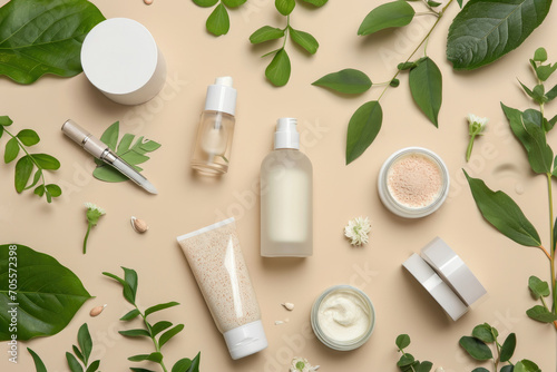Flat lay composition with natural organic cosmetic products on beige background