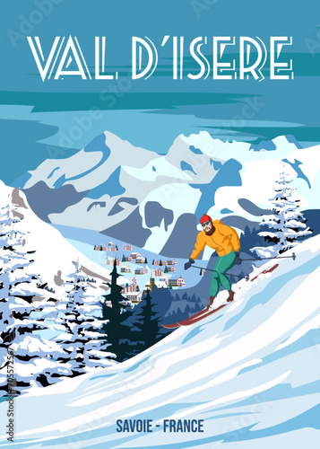 Travel poster Ski Val d'Isere resort vintage. France winter landscape travel card