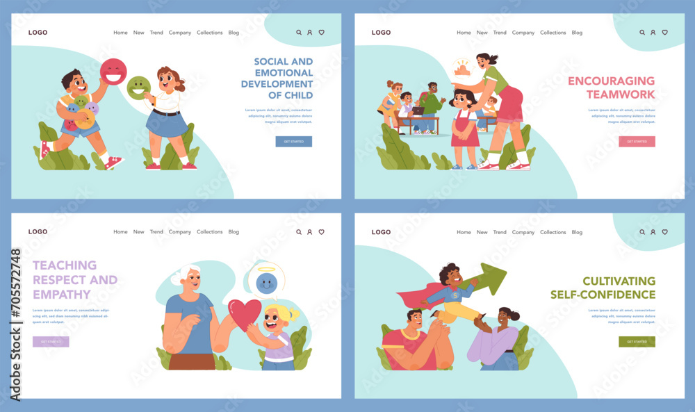 Child development set. Kids participating in various educational activities. Stages of emotional growth and social learning. Interactive play, empathy, confidence building. Flat vector illustration