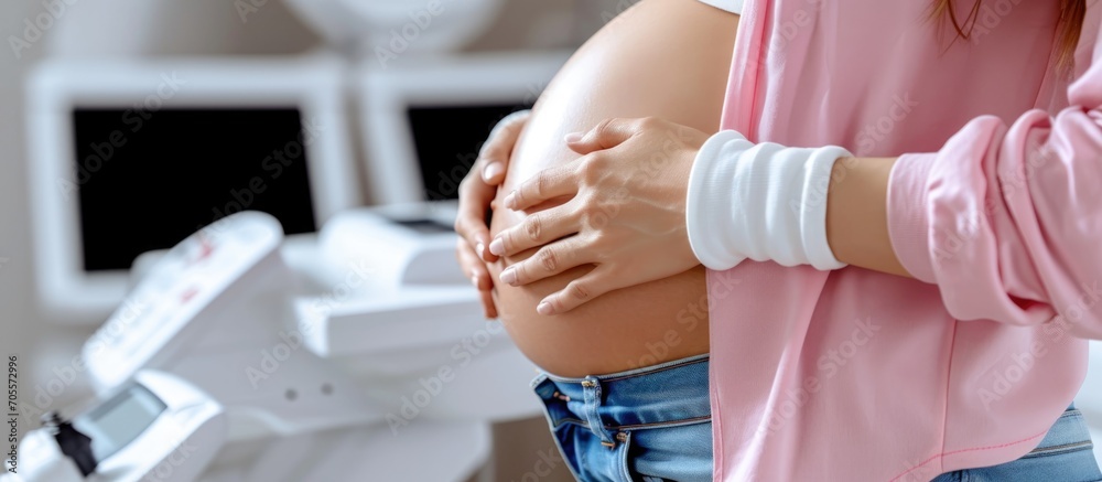 Prenatal screening tests with ultrasound sensor on pregnant woman's belly