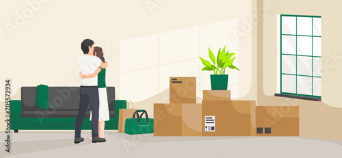 Cartoon flat interior, family glad of housewarming. Wrapped furniture and sofa in new house. Home relocating, apartment movement. Indoor property relocation. Vector illustration