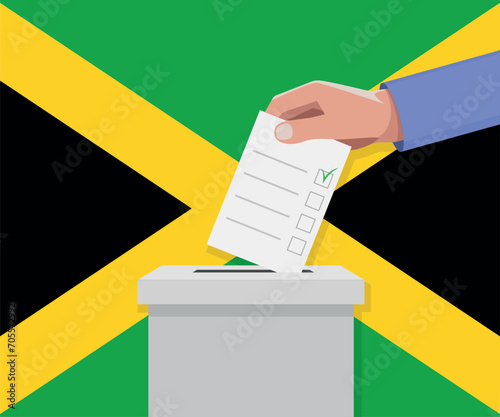 Jamaica election concept. Hand puts vote bulletin