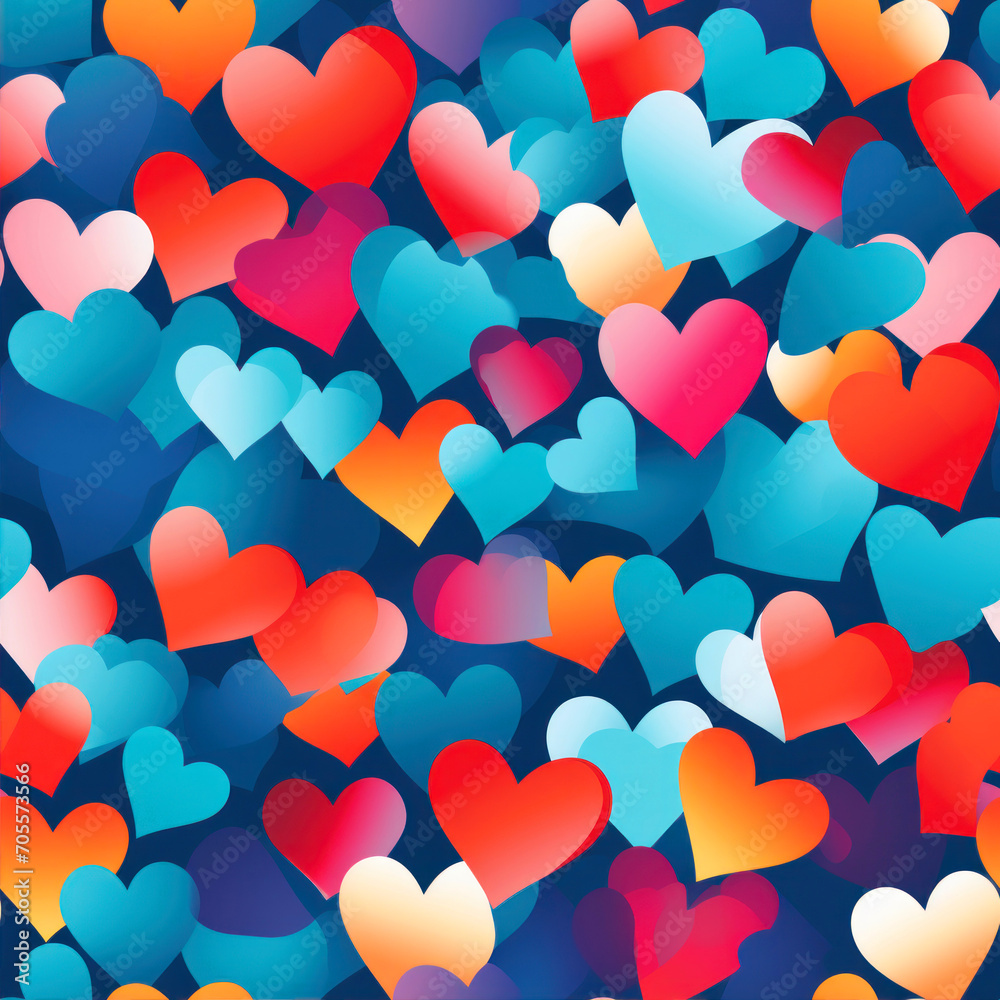 Seamless pattern with colorful hearts on blue background. Vector illustration.
