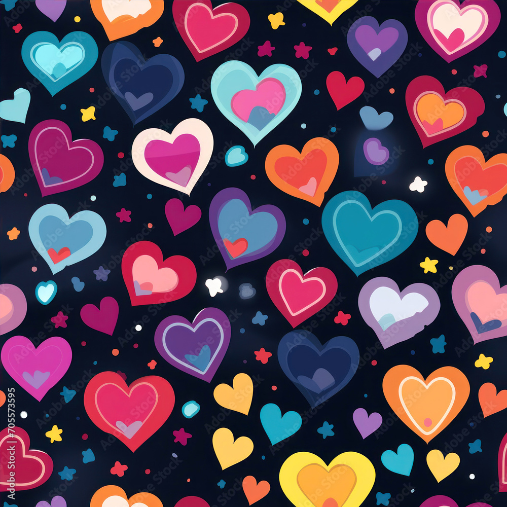 Seamless pattern with colorful hearts on dark background.
