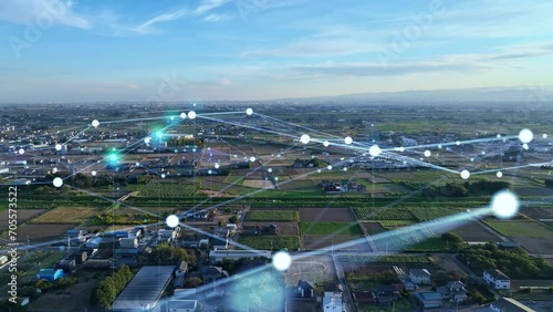 Modern agricultural area aerial view and communication network concept. IoT (Internet of Things). Smart city. Digital transformation. photo