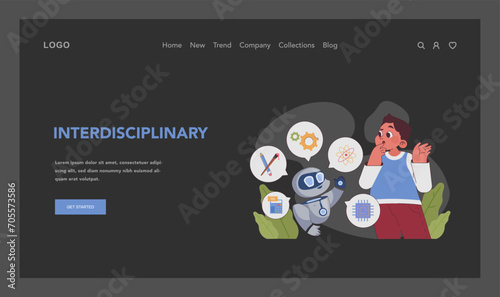 STEAM education web banner or landing page. Schoolers gaining knowledge about technologies, science, mathematics and art. Diverse kids learning programming and engineering. Flat vector illustration