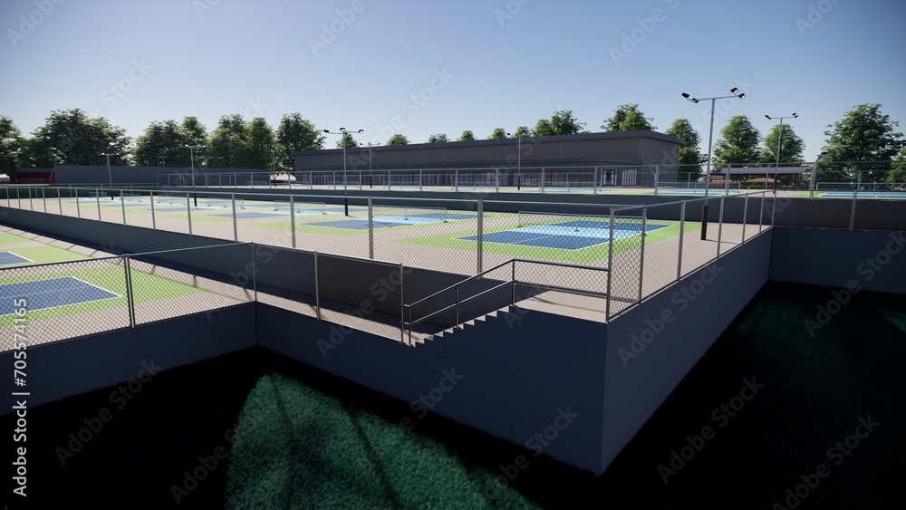 Outdoor pickleball tennis court sport landscape 3d render