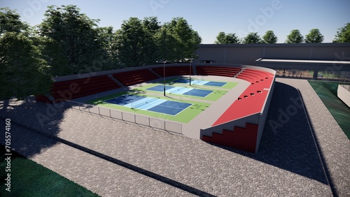 Outdoor pickleball court sport landscape 3d render with spectator seat 