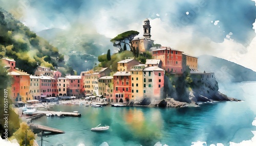 Illustration of scene from Portofino Italy in watercolor style