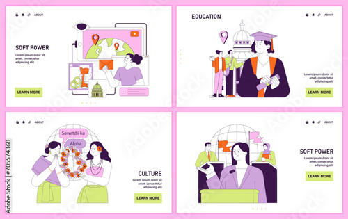 Soft power web or landing set. Global connectivity and cultural exchange. International communication. Different countries cooperation, peace and unity. Flat vector illustration