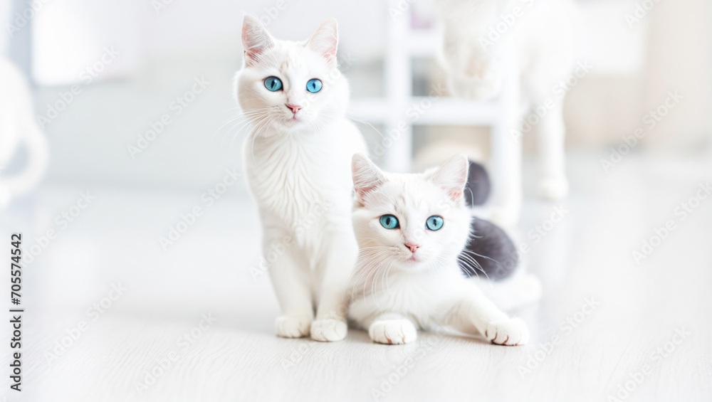 Pair of beautiful white cats with blue eyes, an adult and a small kitten.