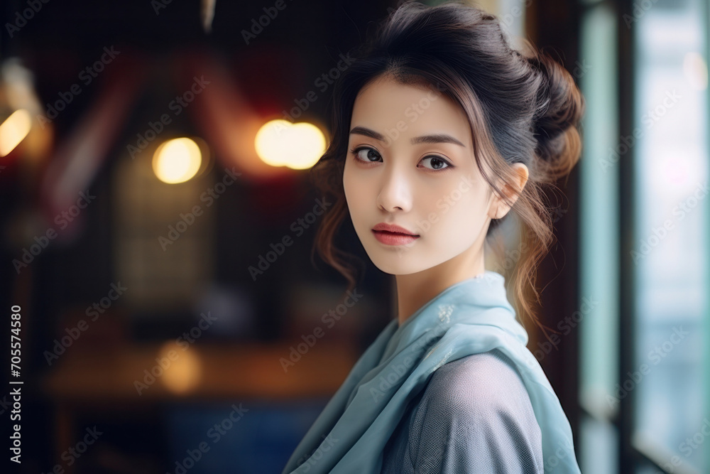 Obraz premium Stylish, attractive Asian lady with fresh, healthy skin, posing in a traditional dress.