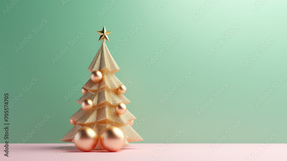 A golden shimmering Christmas tree on a pastel green and pink background.