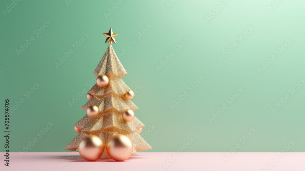 A golden shimmering Christmas tree on a pastel green and pink background. A golden shimmering Christmas tree on a pastel green and pink background.