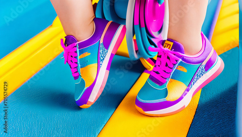 Girl's feet in colorful sports shoes for exercise.