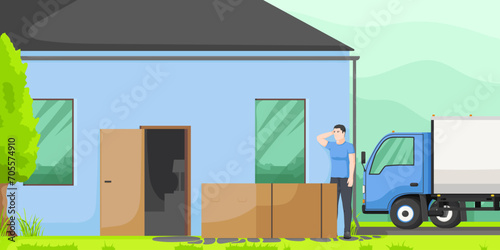 Moving company, delivery service, worker holding furniture, package moving, van shipping, male courier, home box shipment. Blue house street. Vector illustration