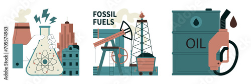 Fossil fuel set. Fossil resources extraction and its impact on climate change. Reliance on non-renewable energy sources. Earth raw materials depletion. Flat vector illustration
