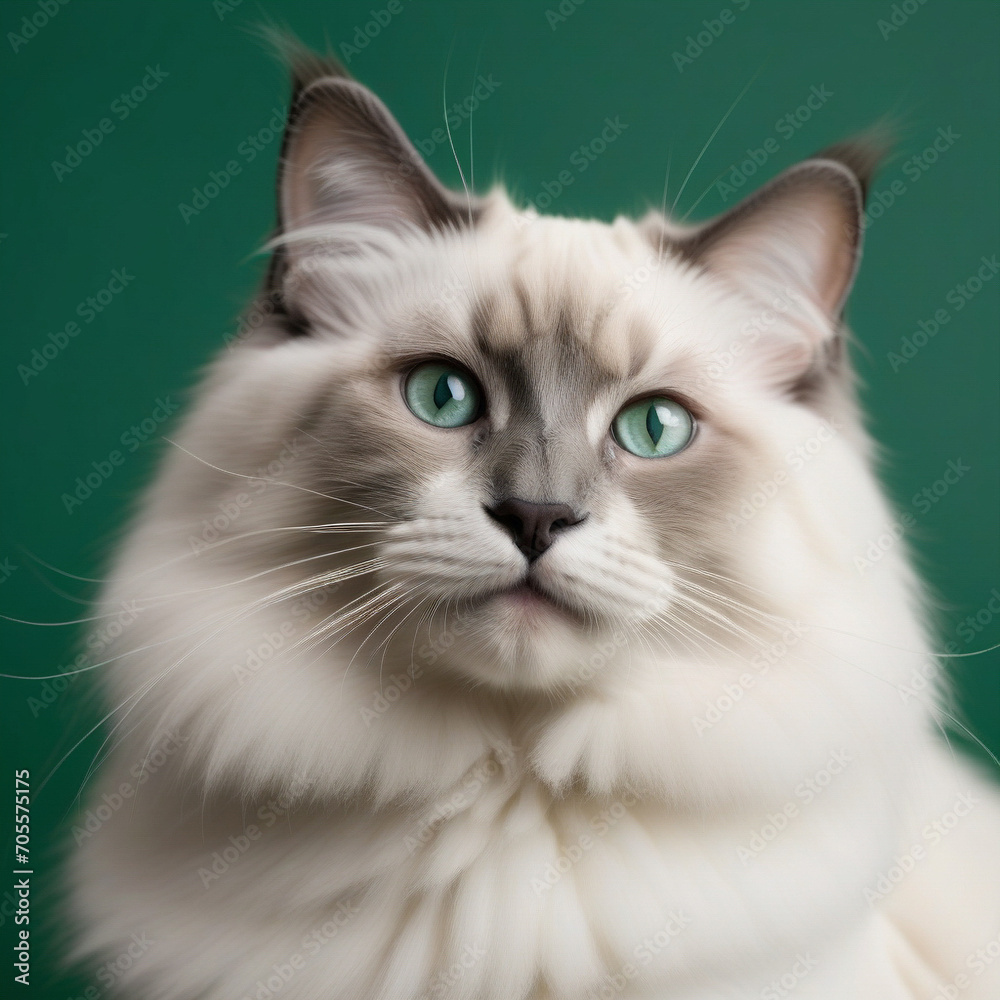 Fototapeta premium ragdolls cat isolated on green background. ai generative