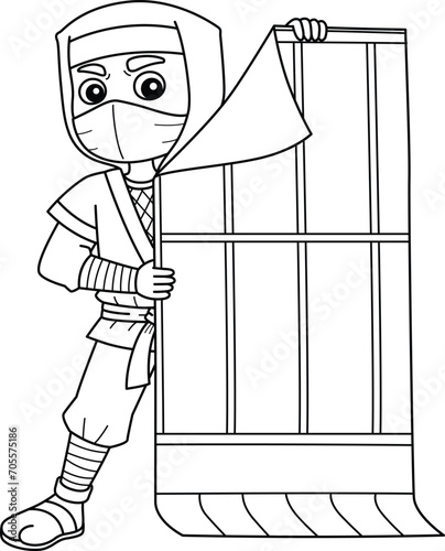 Ninja Hiding Isolated Coloring Page for Kids