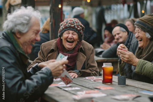 seniors holding cards, playing and laughing together