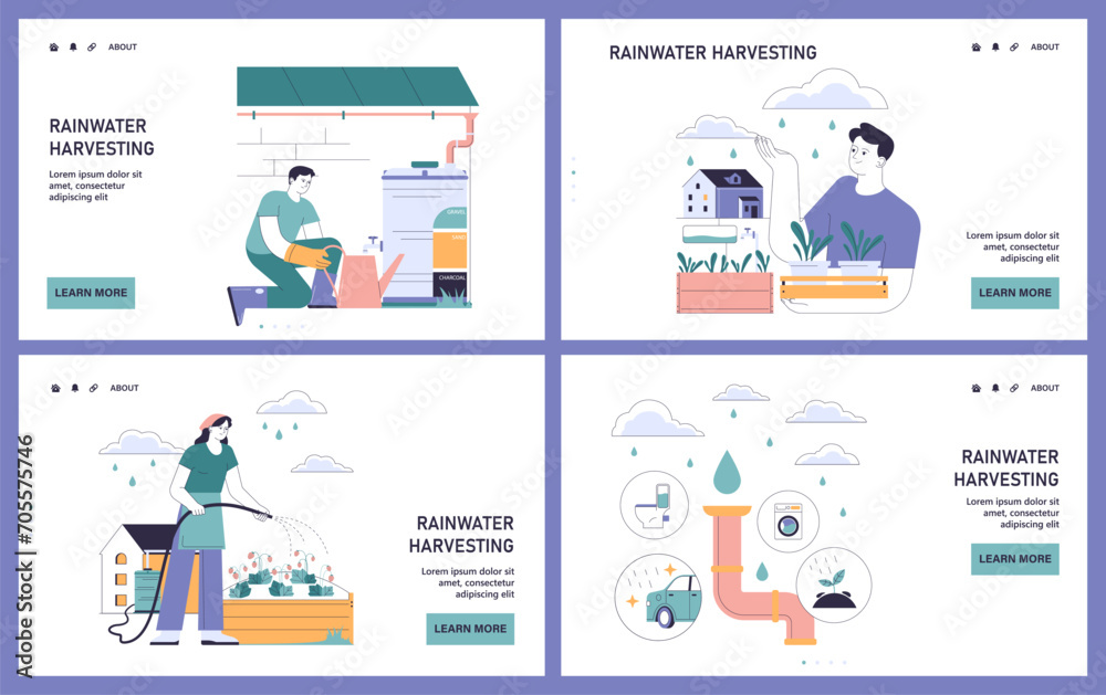 Rainwater harvesting web or landing set. Sustainable practice of urban water preservation and its use in gardening and farming. Natural water cycle. Flat vector illustration