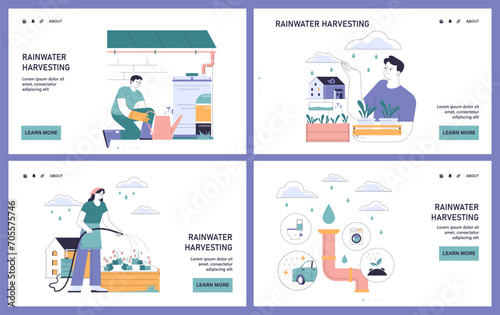 Rainwater harvesting web or landing set. Sustainable practice of urban water preservation and its use in gardening and farming. Natural water cycle. Flat vector illustration