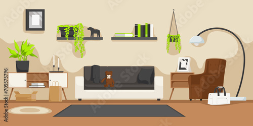 Cartoon flat interior, family glad of housewarming. Various furniture, carpet, shelves and sofa in new house. Home relocating, apartment movement. Indoor property relocation. Vector illustration