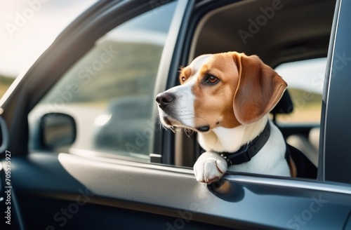A dog of the Beagle breed sits in a car and looks out the window © Iulia