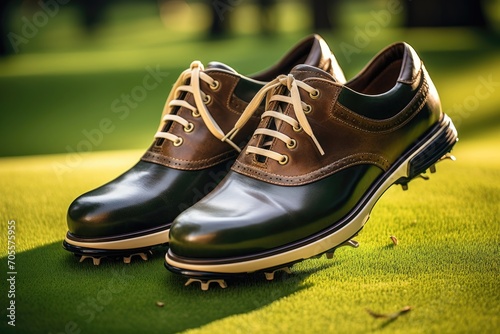 Classic brown golf shoes on green turf.