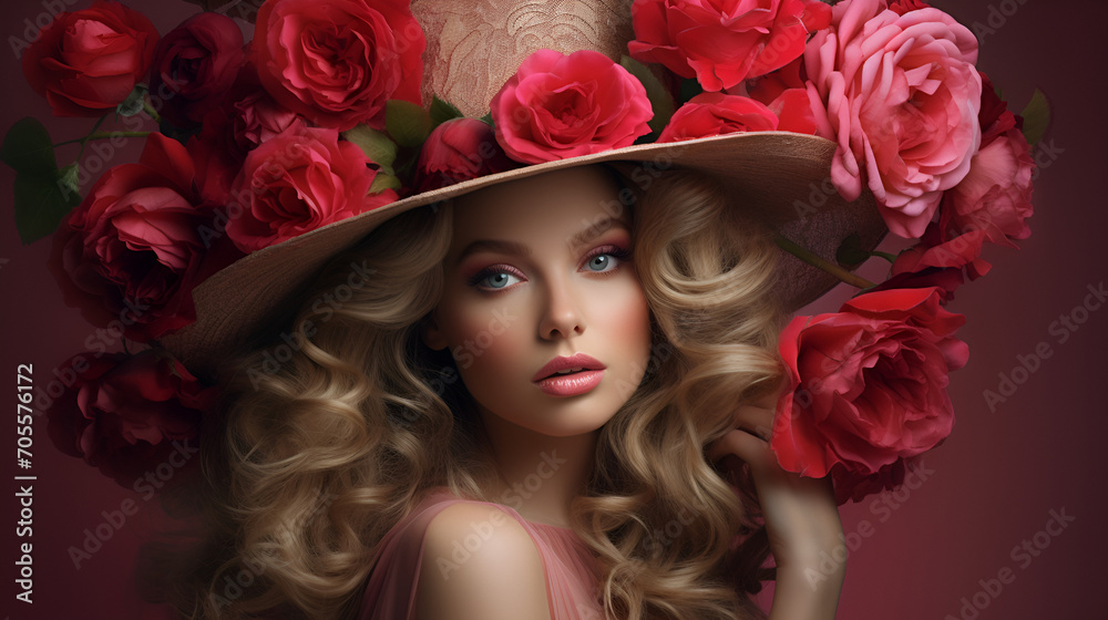 Young beauty wearing roses hat.  ai generative